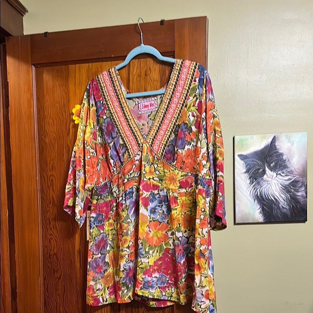Johnny Was Orange Pink Graphic Tunic 3/4 Sleeve